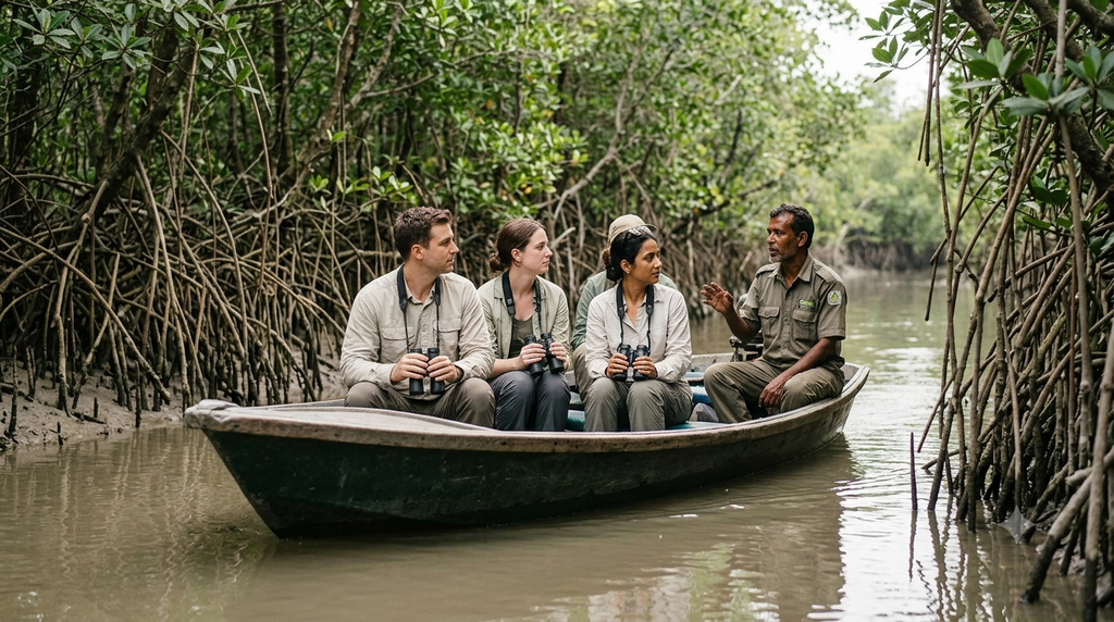 Nature travellers observing mangrove habitat responsibly from a boat. - BlueJay Explorations