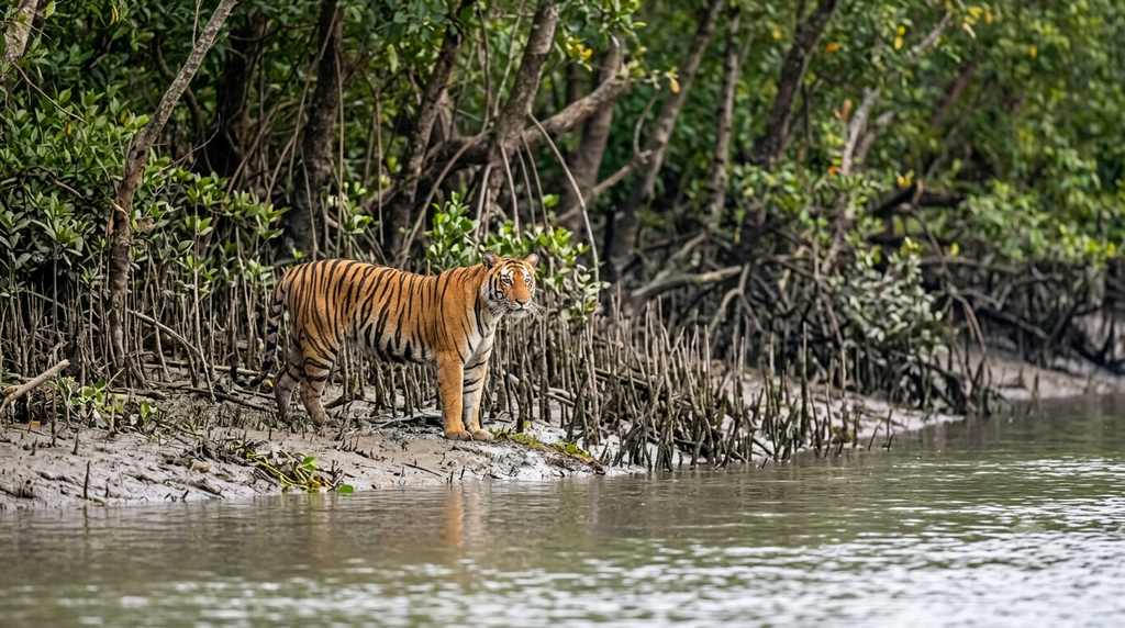 Royal Bengal tiger in a natural mangrove habitat, illustrating the wildlife of the Sundarbans. - BlueJay Explorations