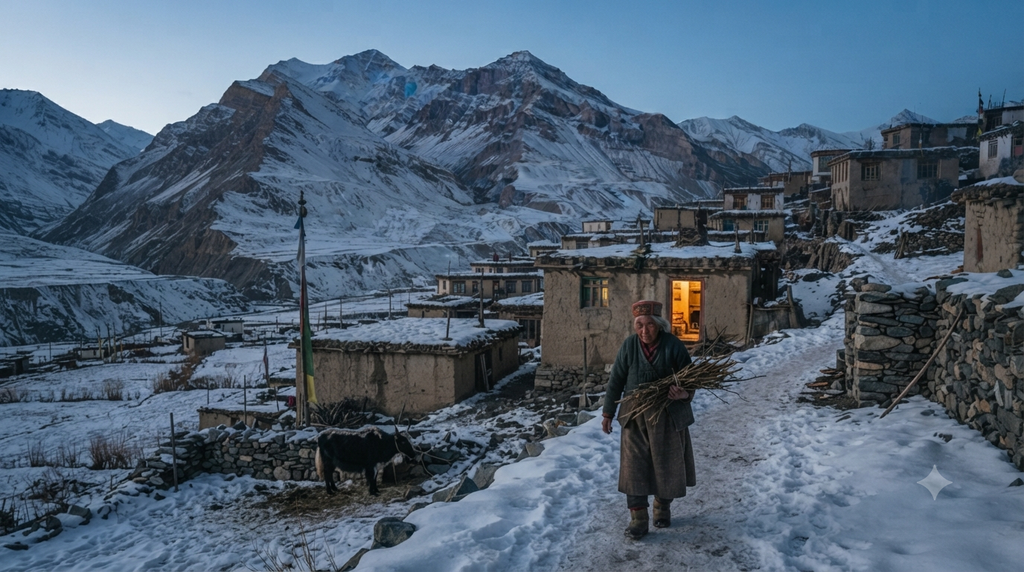 Local winter life in a snow-covered Spiti Valley village - BlueJay Explorations