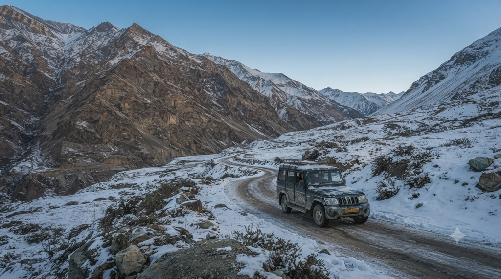 Snow-covered mountain road winding through Spiti Valley in winter - BlueJay Explorations