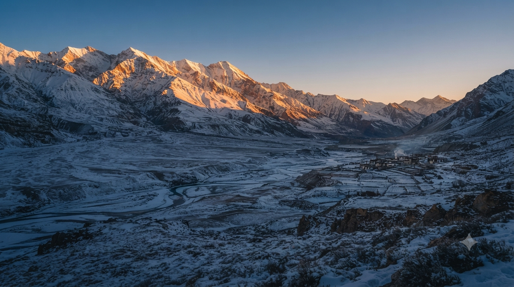 Golden sunset illuminating snow-covered mountains in Spiti Valley - BlueJay Explorations
