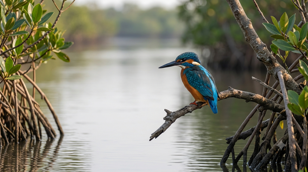 A kingfisher perched on a branch in a mangrove wetland environment. - BlueJay Explorations