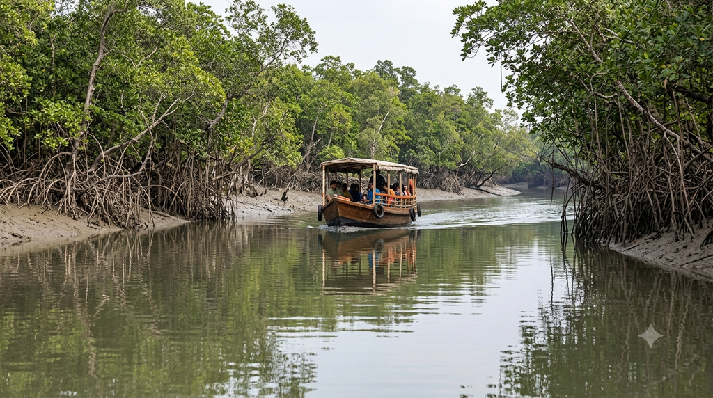 Boat travelling through a tidal waterway surrounded by Sundarbans mangroves. - BlueJay Explorations