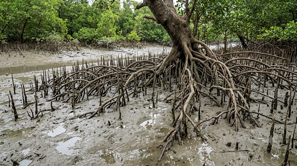 Mangrove roots along a tidal riverbank in the Sundarbans. - BlueJay Explorations