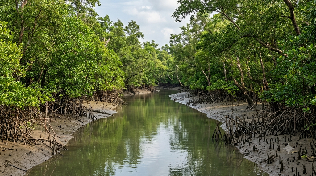 A quiet tidal creek winding through the green mangrove forest of the Sundarbans. - BlueJay Explorations