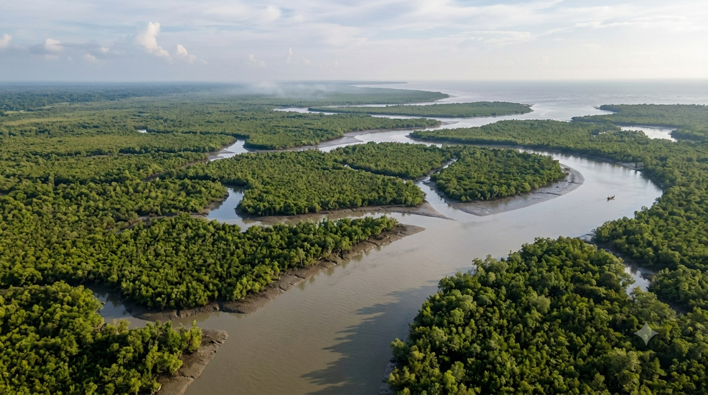 Aerial view of the Sundarbans mangrove forest and tidal waterways in West Bengal, India. - BlueJay Explorations