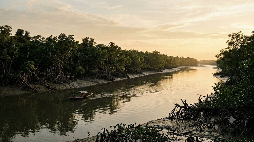 Golden light falling across a mangrove-lined river in the Sundarbans. - BlueJay Explorations