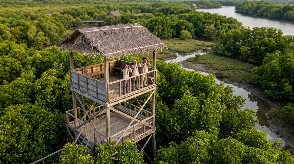Elevated wildlife viewing structure beside mangrove forest in the Sundarbans. - BlueJay Explorations