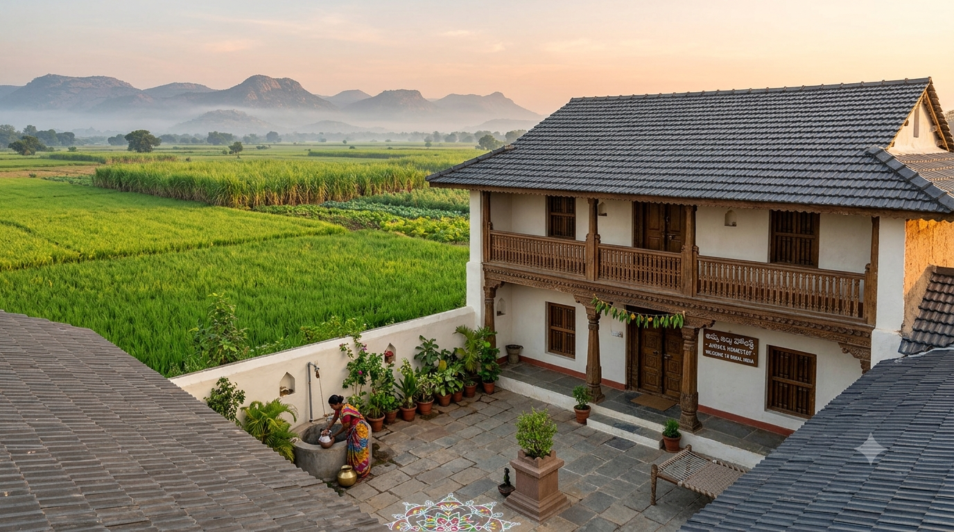 Traditional Indian village homestay surrounded by a peaceful rural landscape - BlueJay Explorations