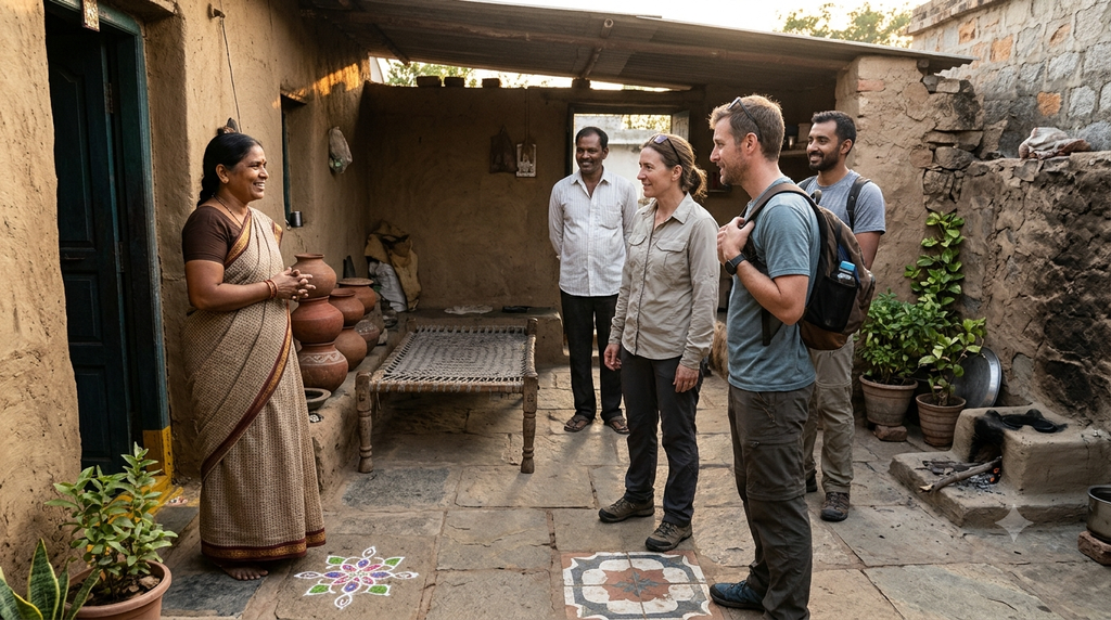 Village homestay host welcoming travellers in a traditional Indian courtyard - BlueJay Explorations