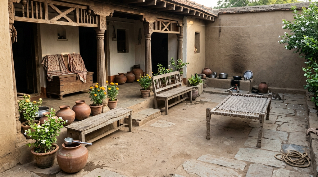 Traditional Indian village homestay courtyard with a shaded veranda and potted plants - BlueJay Explorations