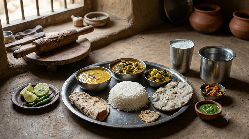 Homemade Indian village meal featuring regional dishes served on a traditional table - BlueJay Explorations