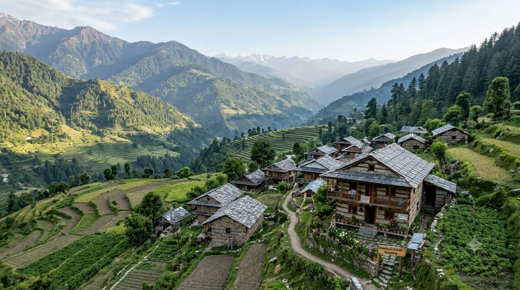 Himalayan village homestay overlooking terraced fields and green mountain slopes - BlueJay Explorations