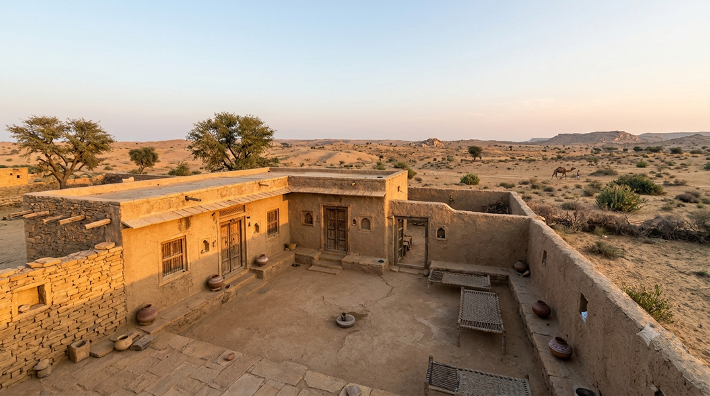 Traditional rural home in a Rajasthan village with warm desert tones - BlueJay Explorations