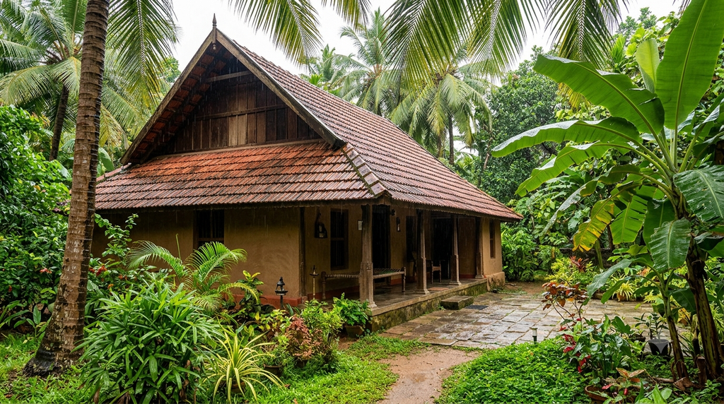 Kerala countryside homestay surrounded by coconut palms and tropical greenery - BlueJay Explorations