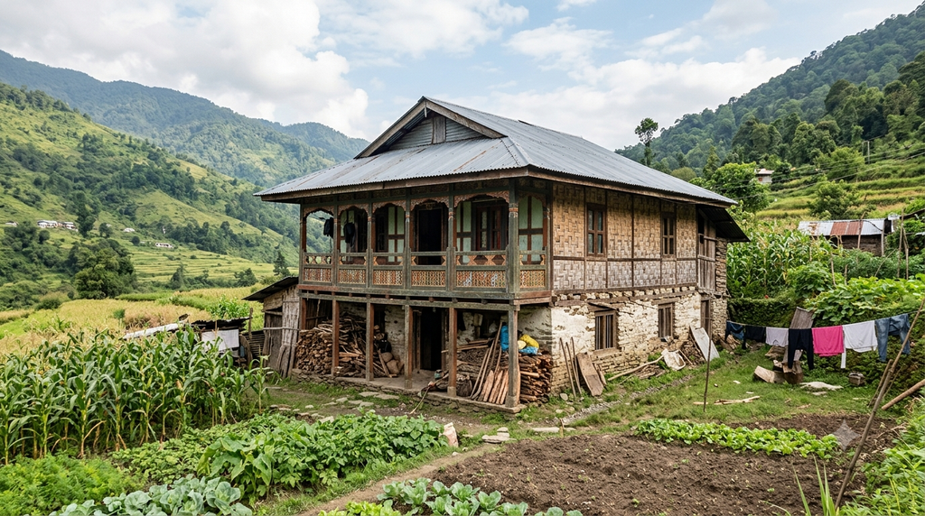 Traditional village home in Sikkim set against a green mountain landscape - BlueJay Explorations