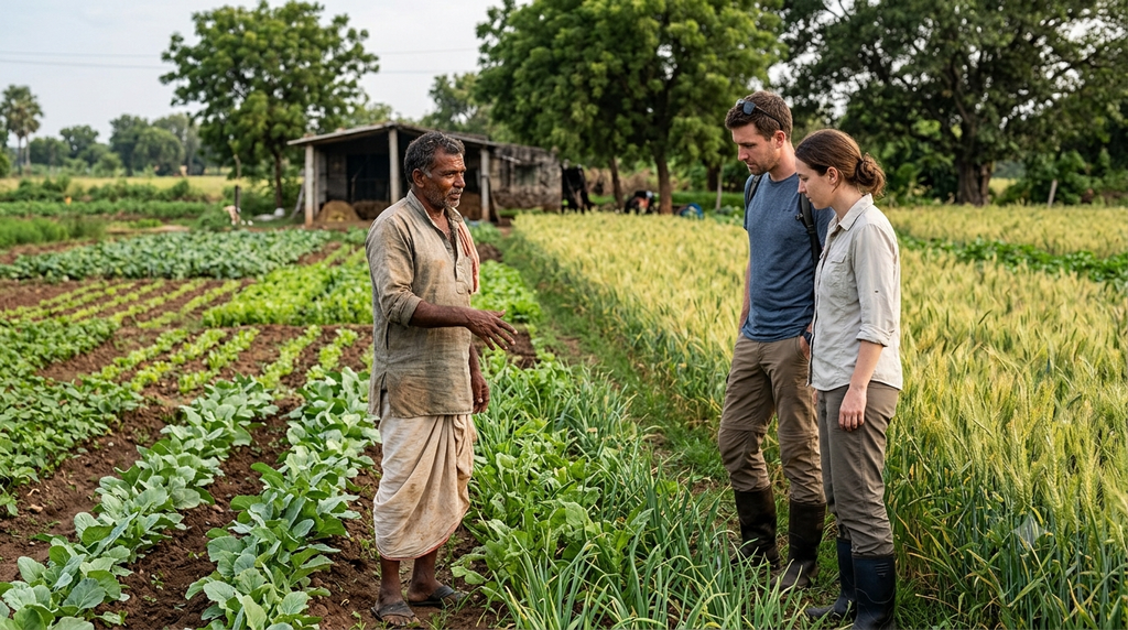 Local farmer explaining crops to visitors in an Indian village field - BlueJay Explorations