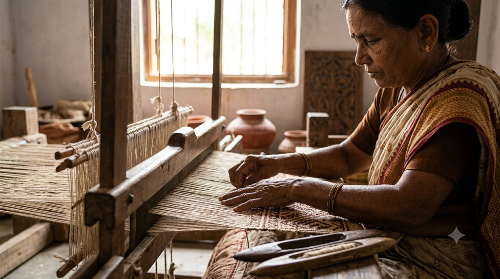Indian village artisan working on a traditional craft in a small workshop - BlueJay Explorations